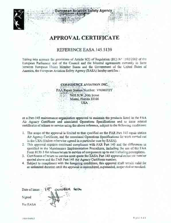 European Aviation Safety Agency Approval Certificate